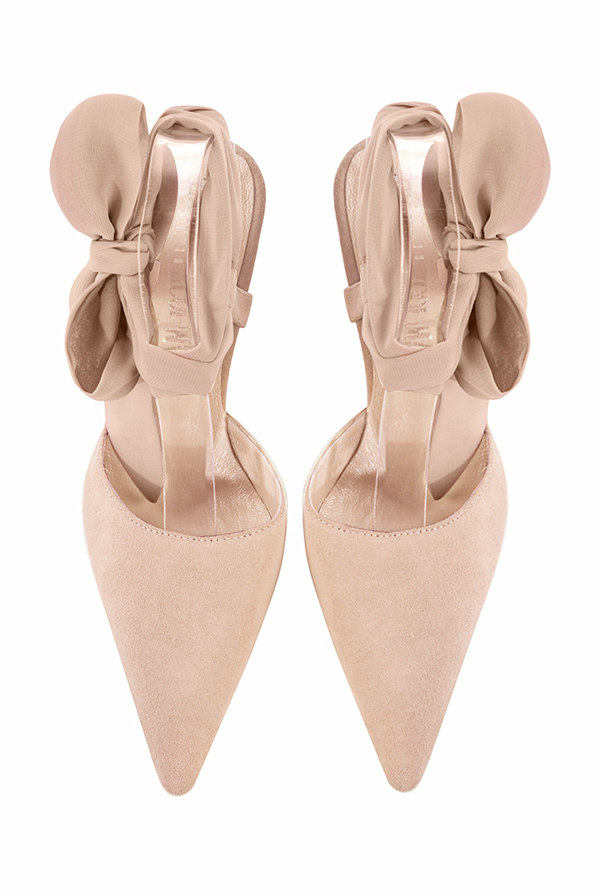 Powder pink women's open back shoes, with an ankle scarf. Pointed toe. Very high slim heel. Top view - Florence KOOIJMAN